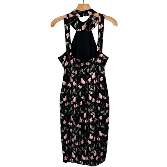 Bebe Floral Print Halter Black & Pink metallic floral Midi Dress size 12 womens - Picture 4 of 10
